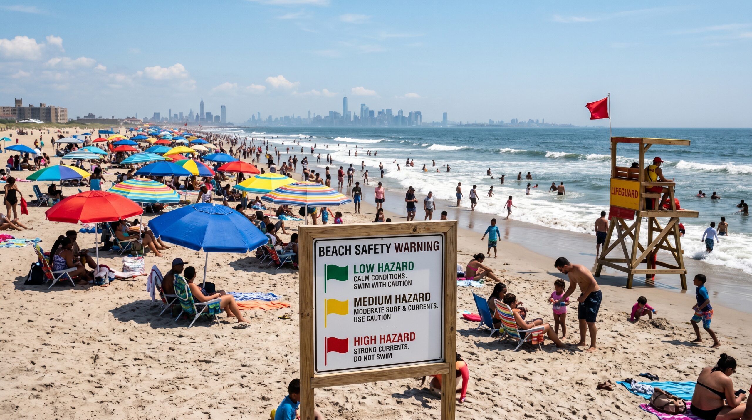 NYC beach warning sign showing swimming advisory near the shoreline