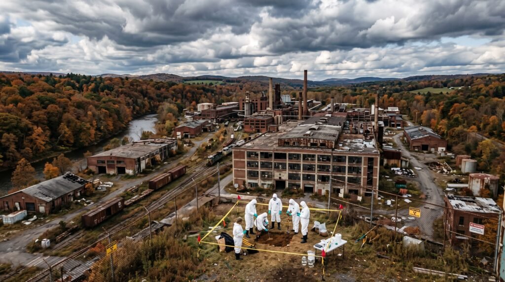 Environmental scientists investigating a former World War II industrial site in the United States.
