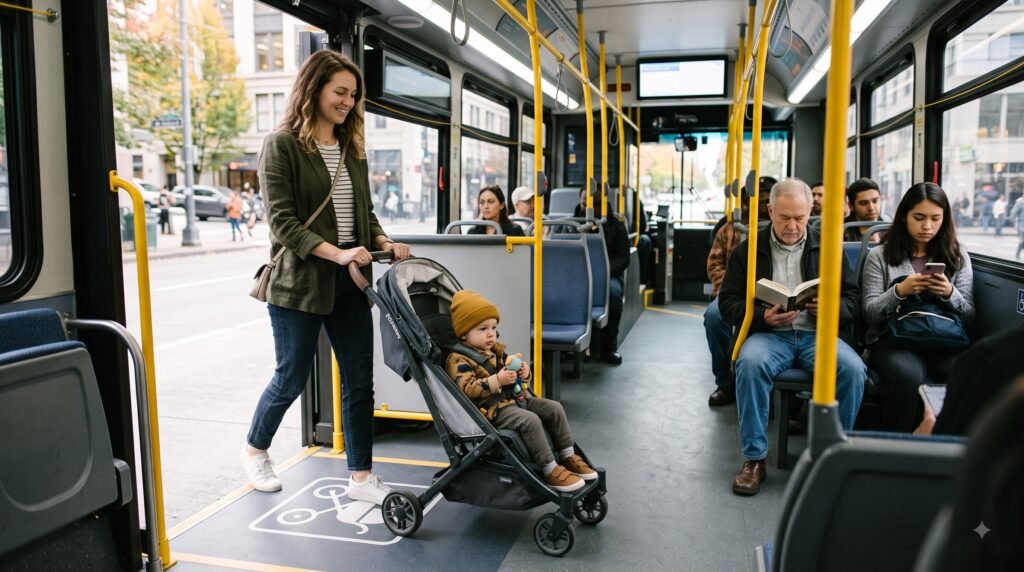 parent using public transportation with kids